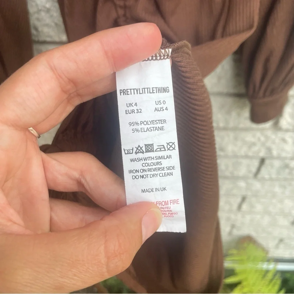 Pretty Little Thing Brown Ribbed Balloon Sleeve Ruched Bodycon Dress XS - Picture 8 of 8